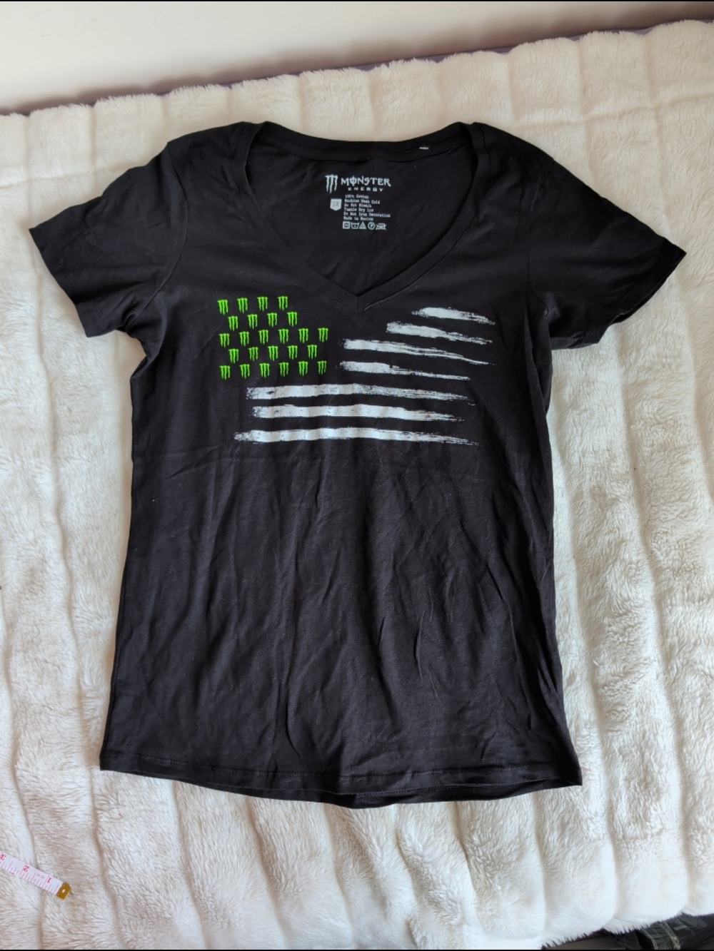 Monster Energy Black V‑Neck Tee with Neon Green Logo Flag